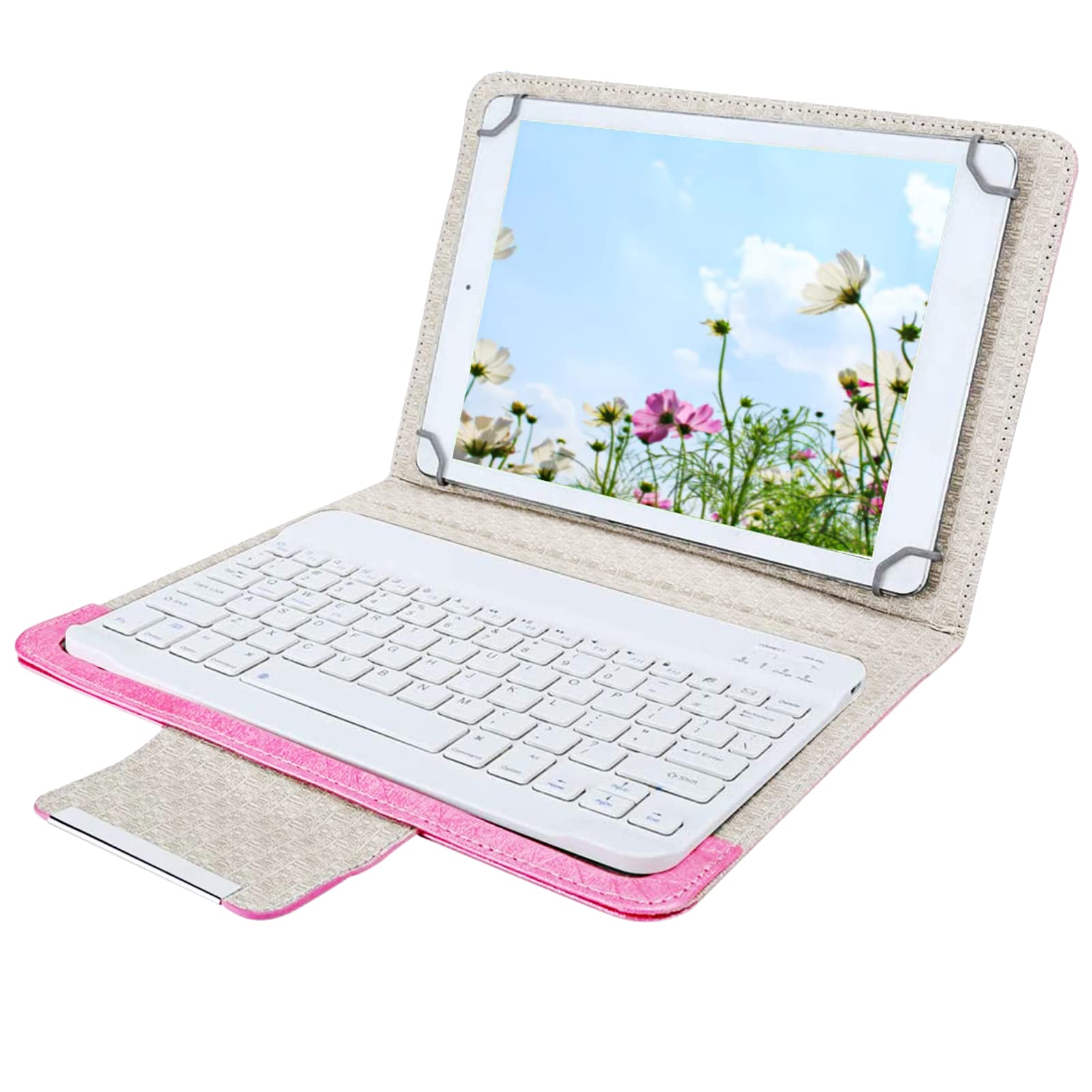 Multi-device Bluetooth Keyboard,10in Tablet Keyboard with PU Leather Case, 10m Wireless Range, Universal Wireless Keypad for Android, IOS, (Rose)