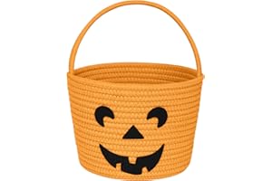 WILLITAT Halloween Pumpkin Basket for Kids, Trick or Treat Candy Bucket, Small Woven Boo Spooky Ghost Basket, Cute Cotton Rope Baby Fall Gift Bin, Halloween Decorations, Orange