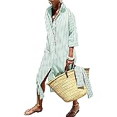 Womens Shirt Dresses Striped Lapel 3/4 Sleeve Maxi Dress Button Down Split Belted