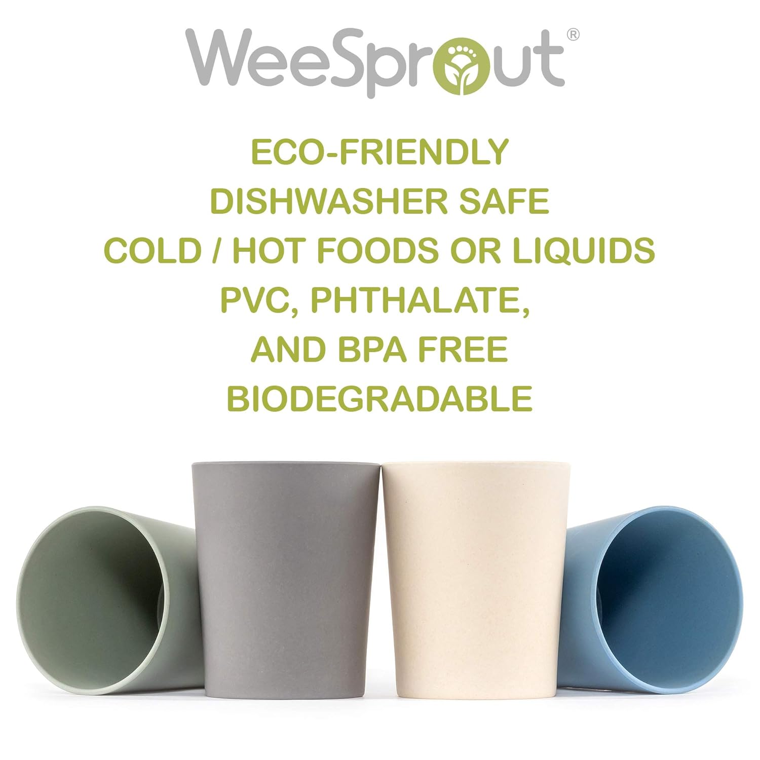 WEESPROUT Bamboo Toddler Cups - 4 pc Set (10 fl oz) - Eco-Friendly, Non-Toxic, Non Plastic Cup Pack for Toddlers, Big Kids or Baby - Natural (Blue, Green, Gray, Beige): Kitchen & Dining
