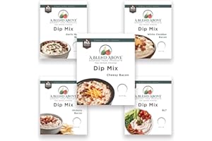 A BLEND ABOVE GOURMET FOOD PRODUCTS A Blend Above Bacon Lovers Dip Mix, 5 packets - Hickory Bacon, White Cheddar Bacon, BLT, Cheesy Bacon, and Garlic Bacon Ranch, 1 oz. Each, Makes 16 Ounces, Gluten-Free, No MSG, All Natural, No Preservatives, Vegan Friendly, Keto Friendly, Vegetable Dip, Chip Dip, Low Carb, Easy to Make
