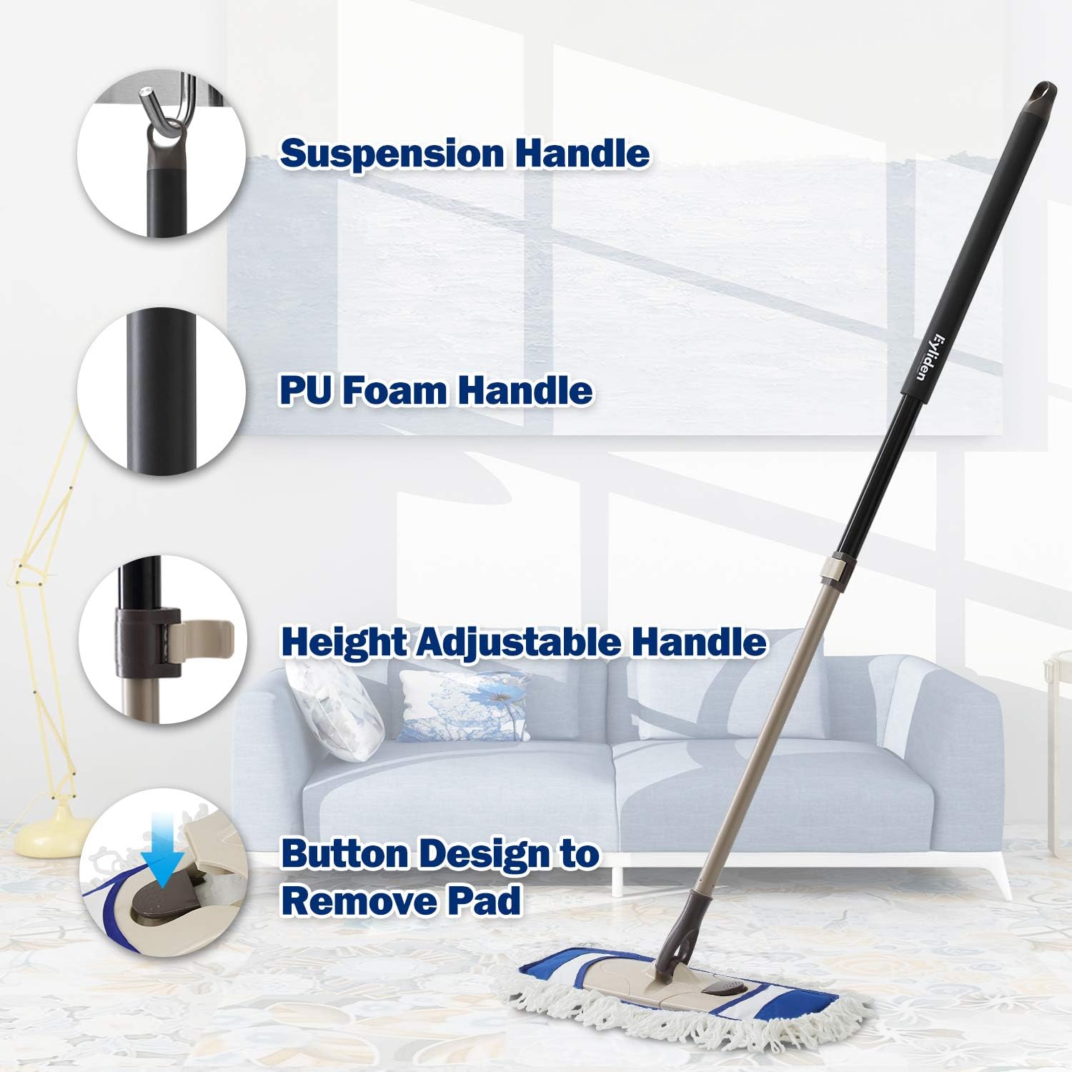 Eyliden Dust Mop, Microfiber Mops for Floor Cleaning, with Hight Adjustable Handle and 2 Washable Mops Pads, Wet & Dry Floor Cleaning Mop for Hardwood, Tiles, Laminate, Vinyl - Dust Broom (Blue): Kitchen & Dining