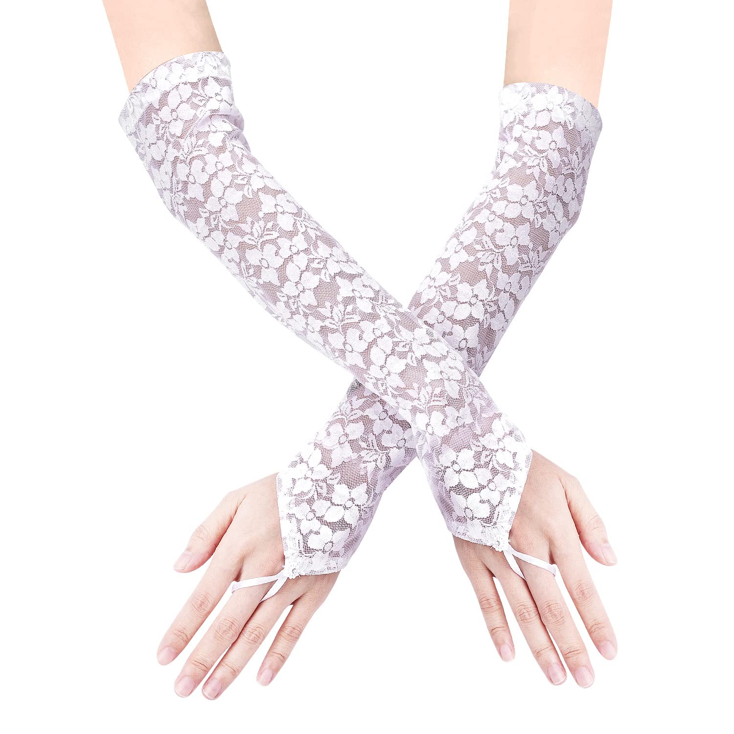KINBOM Long Lace Gloves, Bridal Gloves for Wedding Fingerless Lace Gloves for Women Tea Party 1920s Costumes Opera Party Masquerade, Elbow Length 15.7inch (White)
