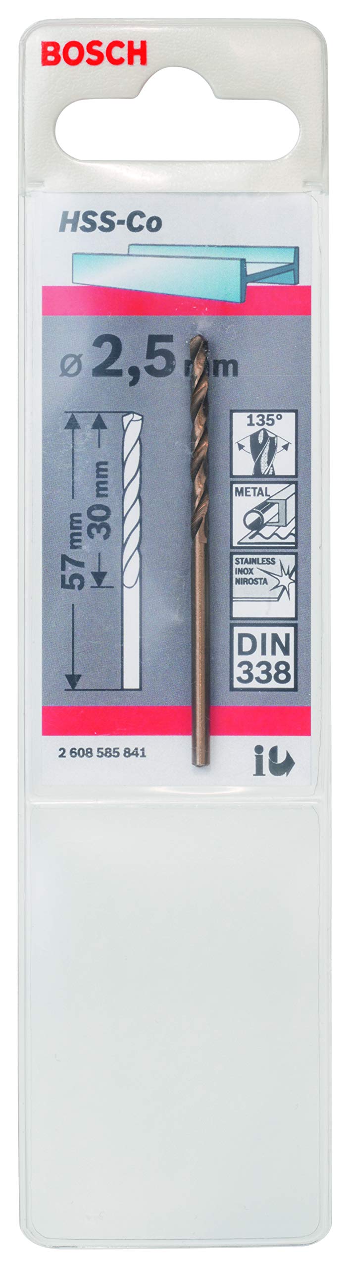 Bosch 2608585841 Professional HSS-Co Metal Drill Bit (stainless steel, 2.5 x 30 x 57 mm, accessory drill driver) , Gold