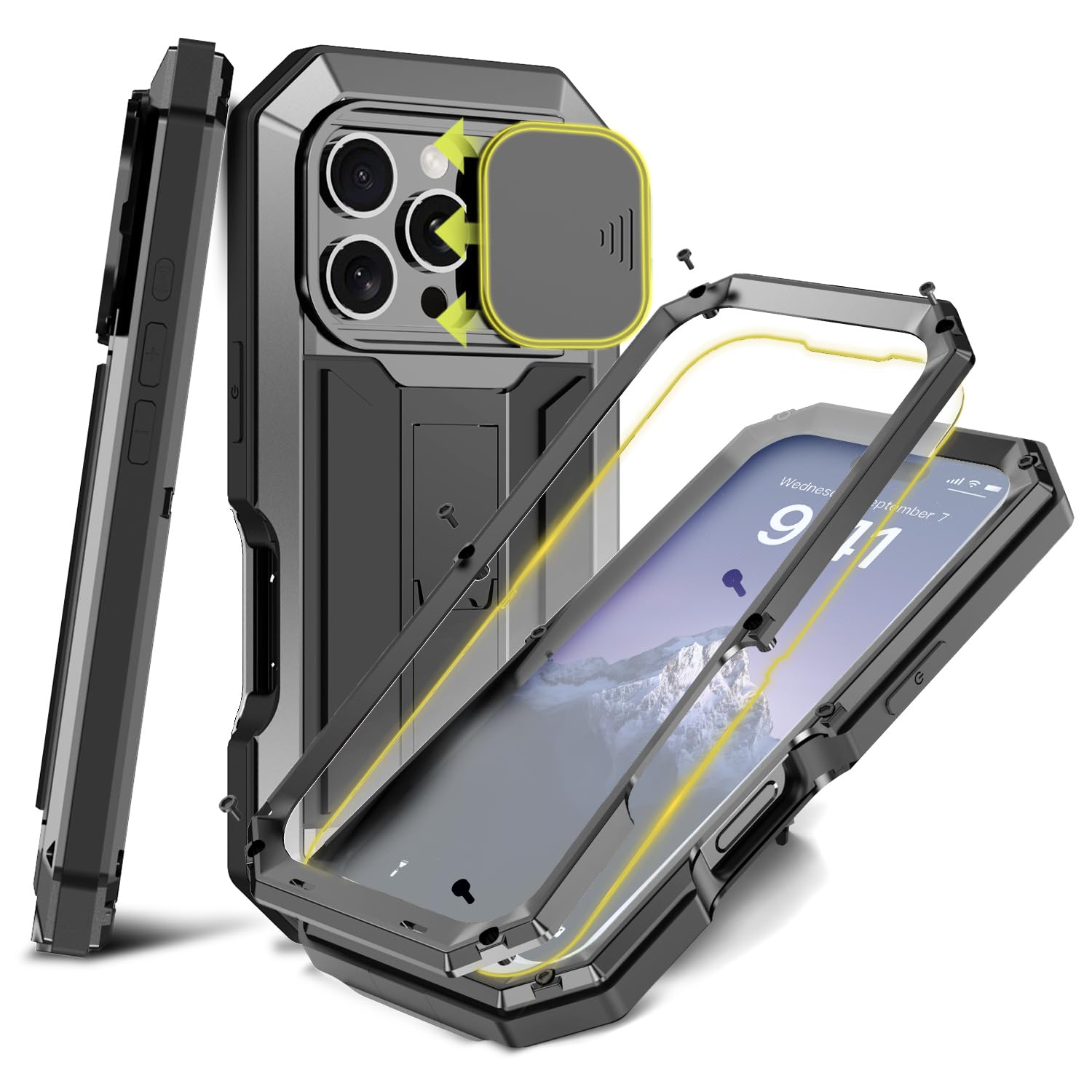 MIYIYQP Compatible for iPhone 16 5G Case, Aluminum Metal Gorilla Glass Shockproof Military Heavy Duty Sturdy Protector Cover Hard Case with Sliding Camera Cover & Screen Protector & Kickstand (Black)