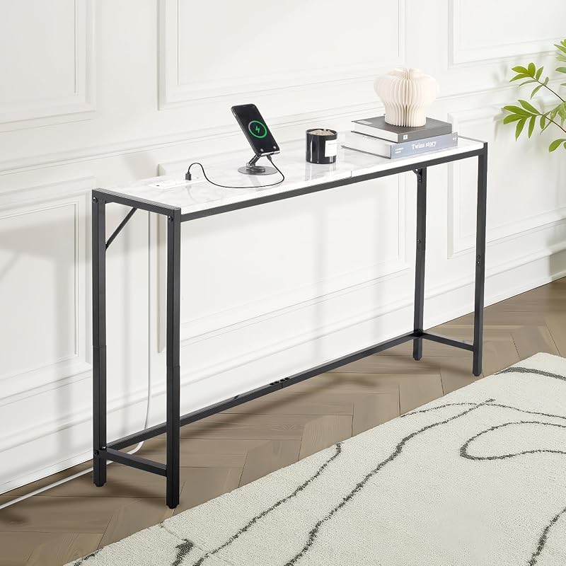 Tavolo Consolle in Marmo 110 x 23,9 x 74,2 cm Tavolino da Corridoio Ingresso Stretto e Lungo con Presa di Corrente, con Tubi in Ferro e Supporto Triangolare per Soggiorno, Corridoio, Ingresso