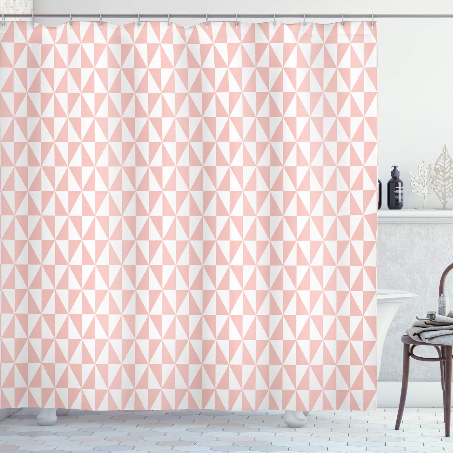 ABAKUHAUS Pale Pink Shower Curtain, Bicolor Triangles Pattern in Pastel Colors and Geometrical Design Mosaic Grid, Cloth Fabric Bathroom Decor Set with Hooks, 94 Inches, Blush White
