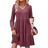 Dokotoo Fall Dresses for Women 2025 V Neck Button Up Long Sleeve Empire Waist Ruffle Tiered Mini Dress with Pockets