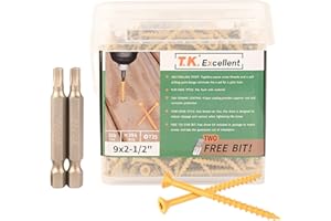 T.K.Excellent Deck Screws 2-1/2 Inch Wood Screws #9 x 2-1/2, 395 Pcs, Rust Resistant Tan Exterior Structural Screws, Torx Drive Screws, Two T25 Bits, Brilliant Yellow Ruspert Coating Rust Proof