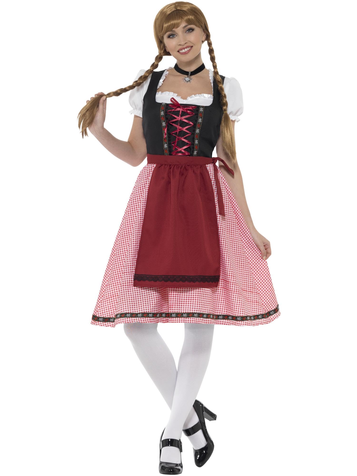 Smiffys Bavarian Tavern Maid Costume, Red & Black with Top, Dress & Apron, Oktoberfest Fancy Dress, Adult Dress Up Costumes