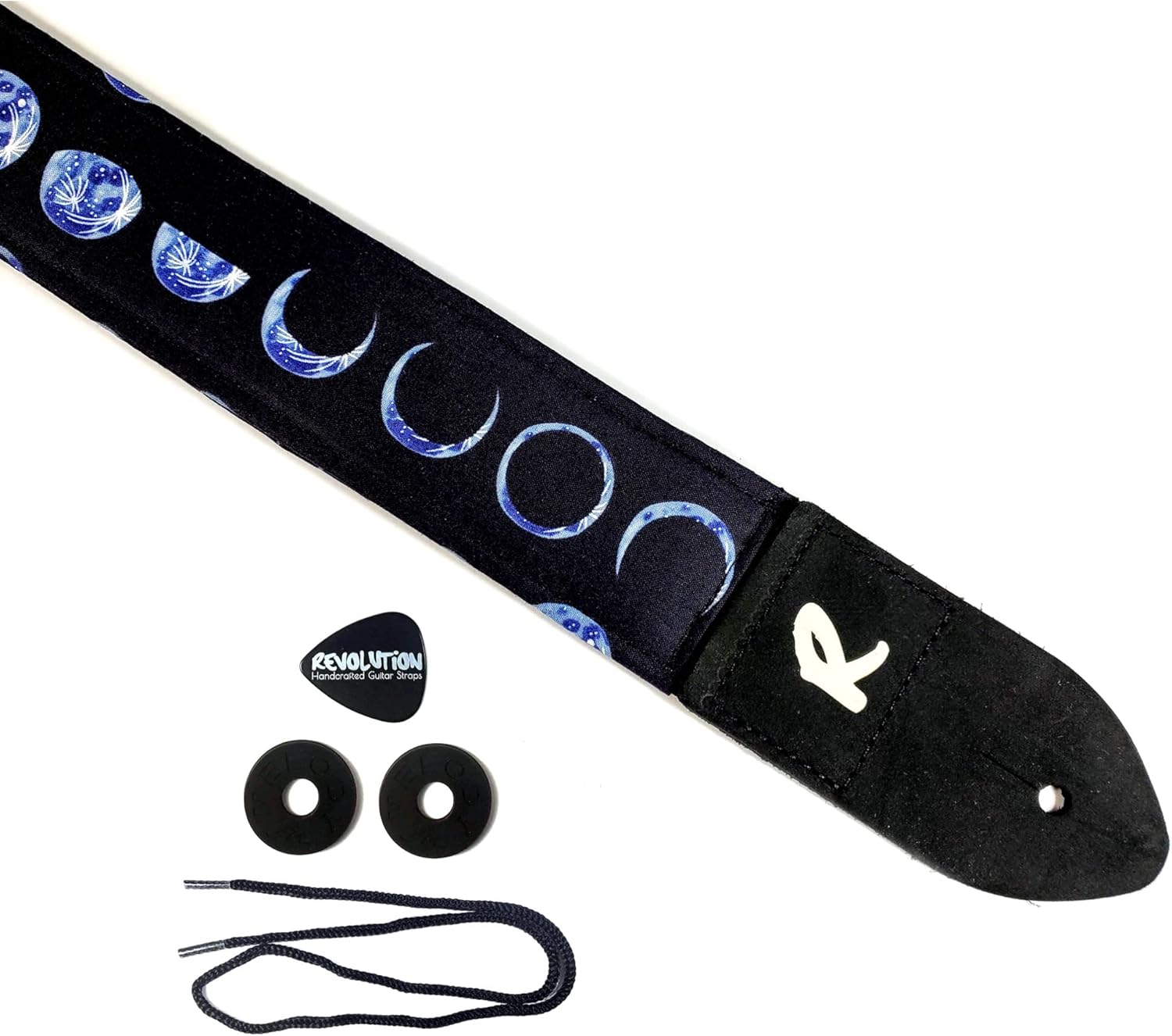 Mixed Media - Moon Guitar Strap - Lunar Phase Genuine Leather Ends, Includes 2 Strap Locks & 1 Pick. Adjustable Strap, Pick Pocket, For Bass, Electric & Acoustic Guitars Gift for Guitar Players Men, Women & Kids