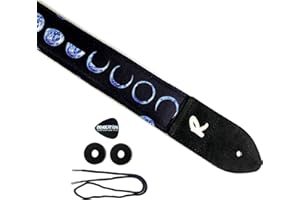 REVOLUTION STRAPS Moon Guitar Strap - Lunar Phase Genuine Leather Ends, Includes 2 Strap Locks & 1 Pick. Adjustable Strap, Pick Pocket, For Bass, Electric & Acoustic Guitars Gift for Guitar Players Men, Women & Kids