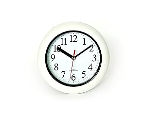 Perfect White Shell Water Resistant Clock, Quartz Movement, Simple Design, 6.5" in Diameter, ABS Glass Front, Flexible Options to Hang or to Stand. Withstand Water Vapor and Moisture.