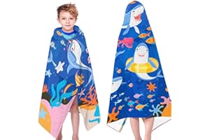 HEIFAM Kids Beach Towel Kid Shark, Shark Hooded Bath Towel, Pool Swim Towels, Kid Hooded Bath Towel for Sharks Lovers Girls Boys Bath Bathroom Swim Picnic Camping, Summer Gift, Blue, 30”x50”