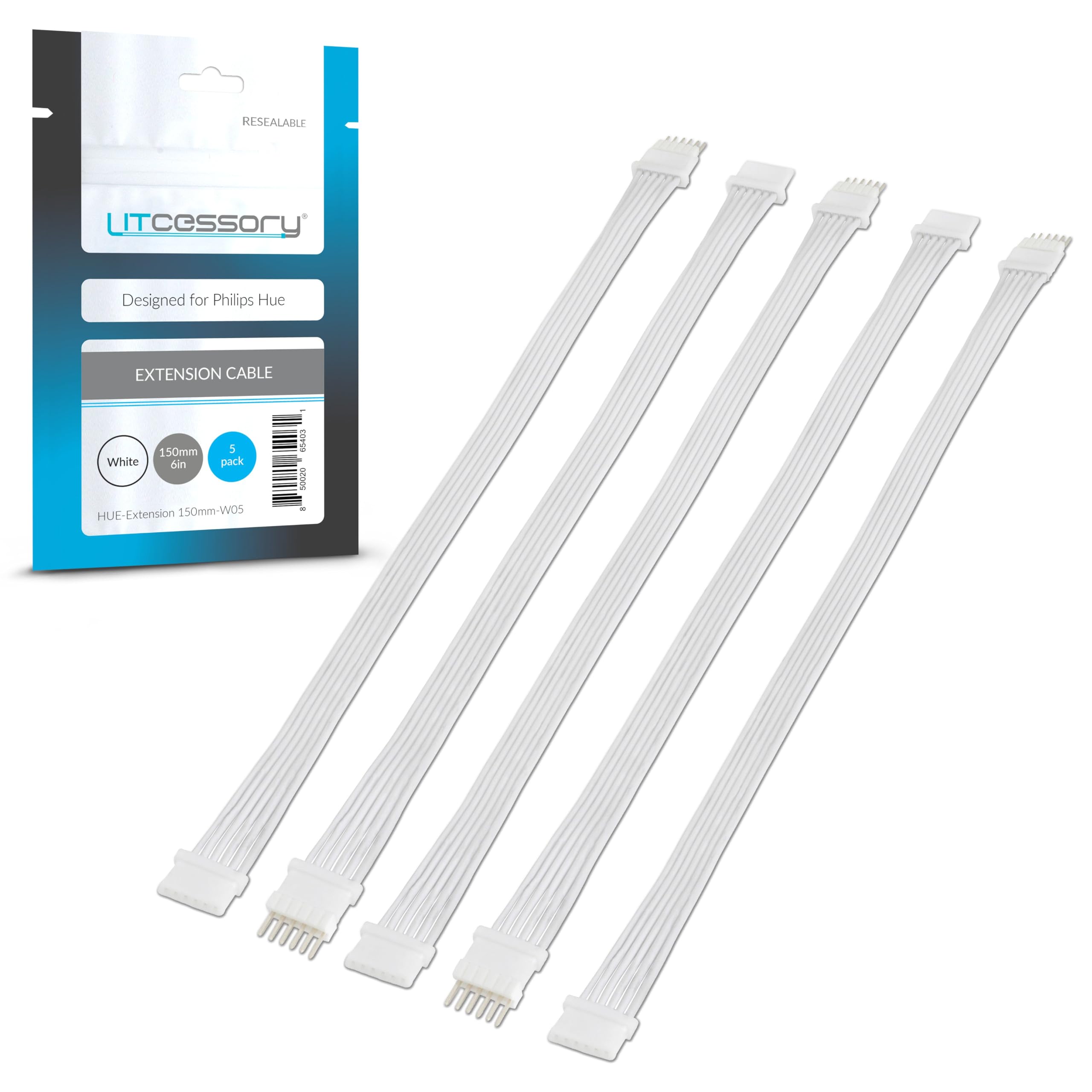 Litcessory Extension Cable for Philips Hue/Solo Lightstrip (150mm, 5 Pack, White - MICRO 6-PIN V4 / Solo Lightstrip)