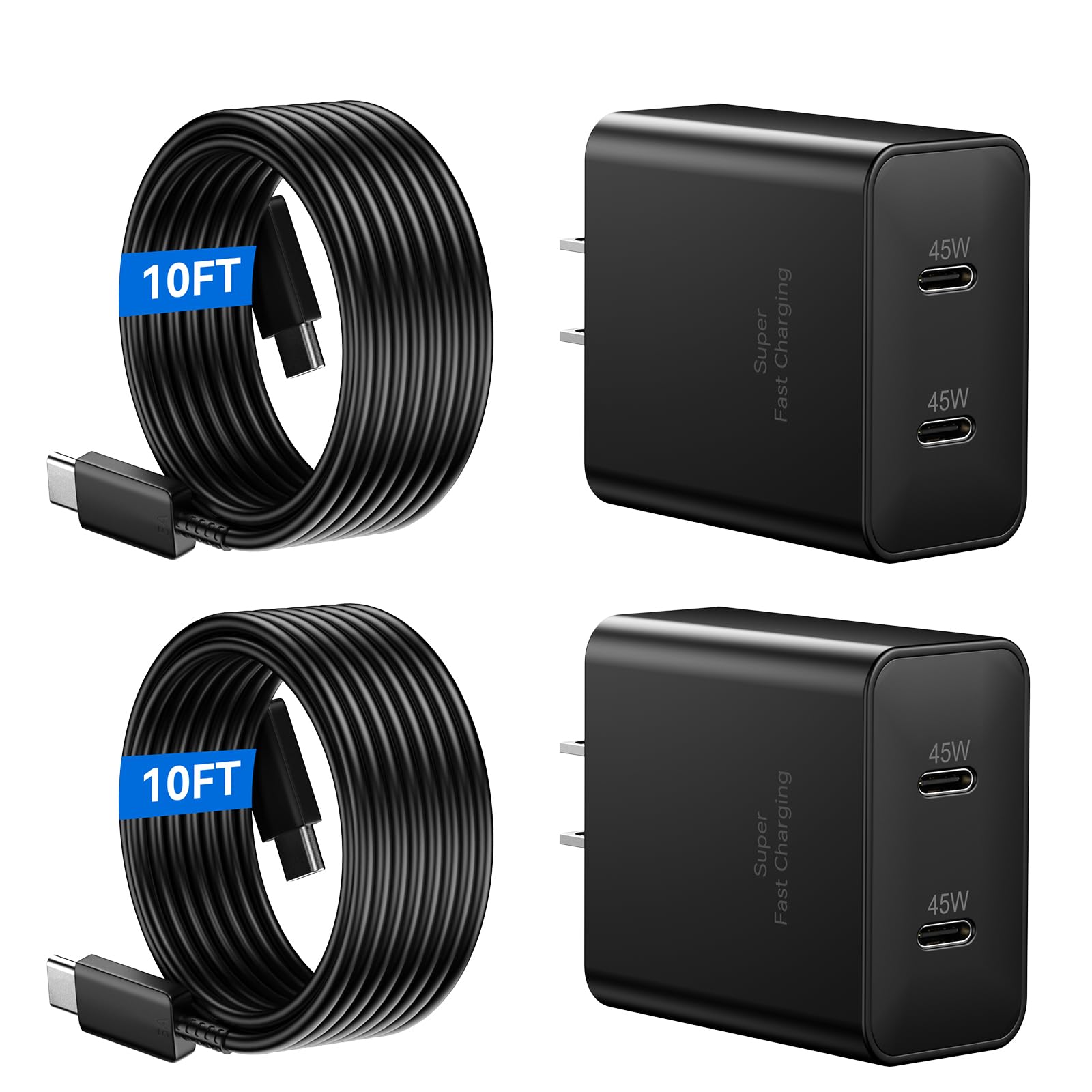 45W Super Fast Charger 2Port Type C Charger Fast Charging 10FT USB C Cord with Android Phone Charger Block for Samsung Galaxy S26/S26 Ultra/S26+/S25 Ultra/S25+/S24/S23/S22/S20/Note10+/Tab S9,2Pack