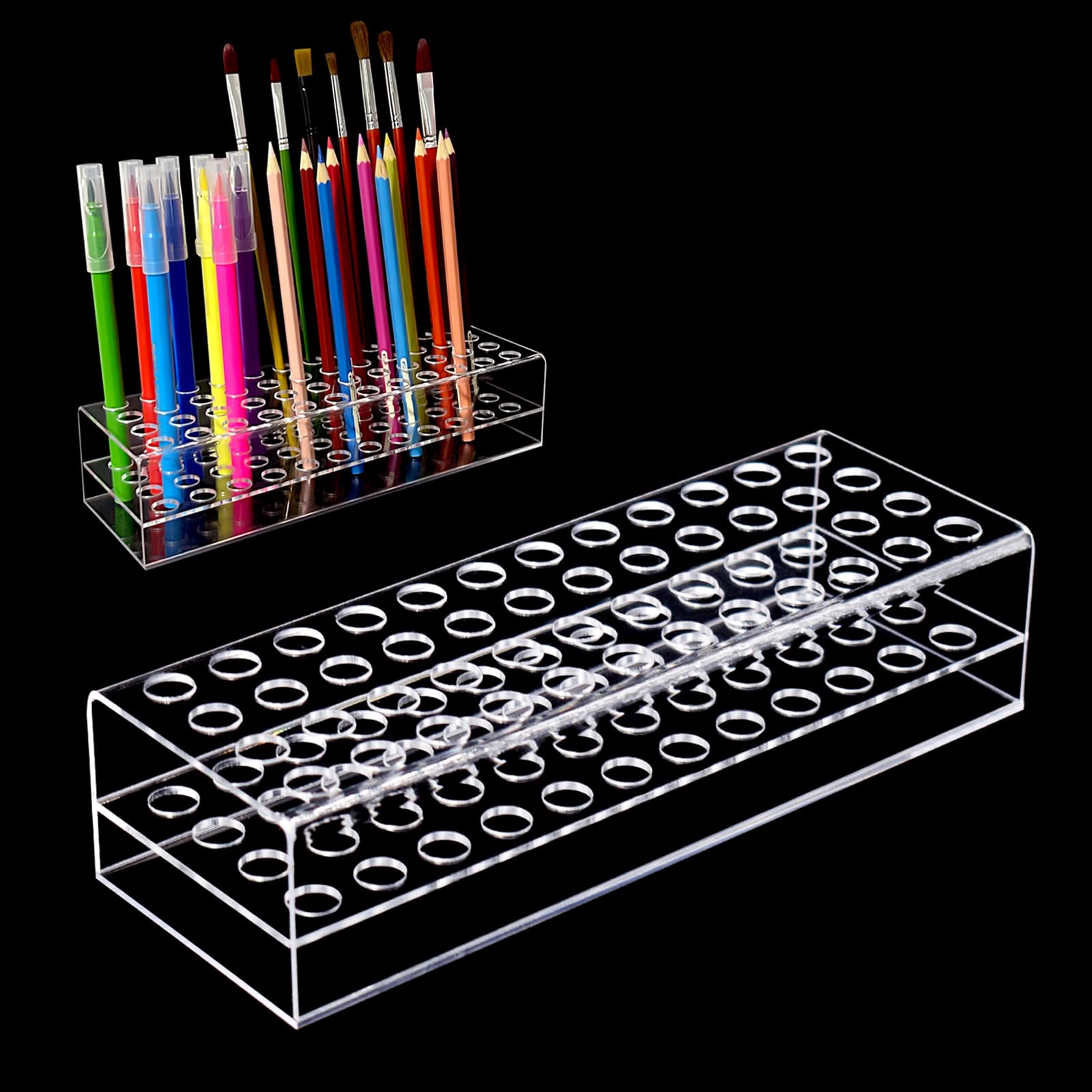 Photo 1 of HESHUYU Acrylic Pen Display Holder - 48-Slots 12mm Stand for Art Paint Brush, Makeup Brush - Clear Pencil Display Rack for Desk