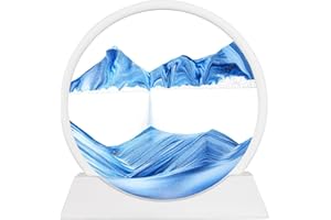 BGFJYUK Moving Sand Art Picture in Motion, Round Tempered Glass 3D Deep Sea Sandscapes with Display Flowing Sand Frame for Relaxing Desktop Home Office Work Décor for kids adults （white frame blue, 12inch)