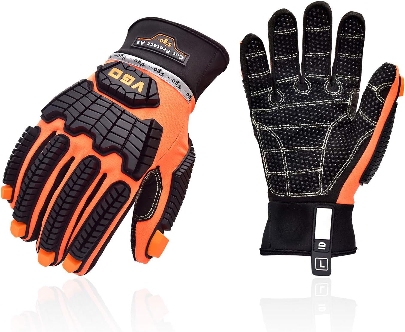 Vgo Offshore Anti Vibration Oil-Proof Cut Resistant ANSI A3 Cut-Resistance Impact Protection Water-repellent Safety Synthetic Leather Work Gloves (Size L, Orange, SL9769HY) - - 