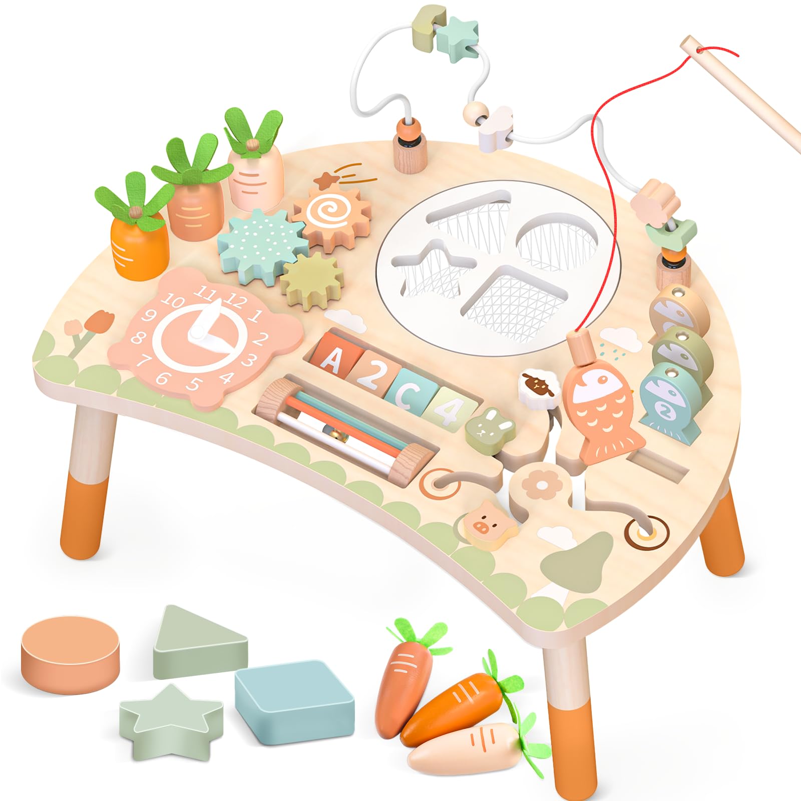 Photo 1 of Hewaurorion Activity Table for 1+ Year Old, 9-in-1 Montessori Wooden Sensory Play Table with Shape Sorter Fishing Game Bead Maze, Baby Activity Center Learning Toys for Toddler 12-18 Months