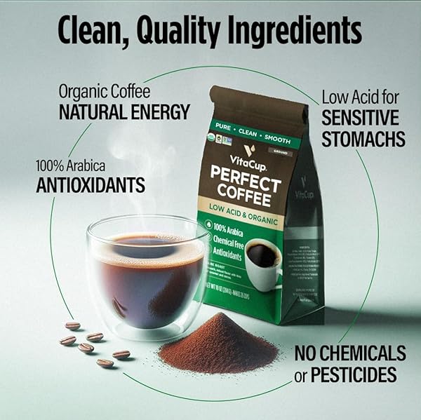 VITACUP PERFECT LOW ACID COFFEE GROUND, USDA ORGANIC & FAIR TRADE, MYCOTOXIN FREE, DARK ROAST GUATEMALA SINGLE ORIGIN, CLEAN & PURE, 20 OUNCES, 52 SERVINGS