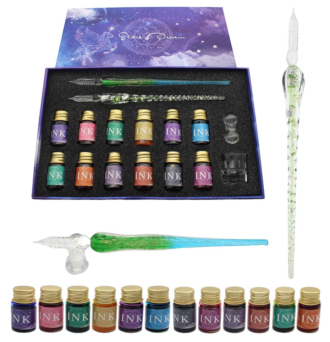 XIAOYU Glass Dip Pen Set, 16 Pieces Calligraphy Pen Set Includes 2 Crystal Glass Pens, 12 Colors Ink, Cleaning Cup, Pen Holder, Green