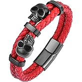Raymard Mens Skull Double Row Leather Bracelet, Black or Silver Skull Braided Bracelet for Men, Mens Punk Jewelry