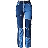Aodrusa Women Frayed Patch Jeans High Waist Raw Hem Denim Y2k Pants Boyfriend