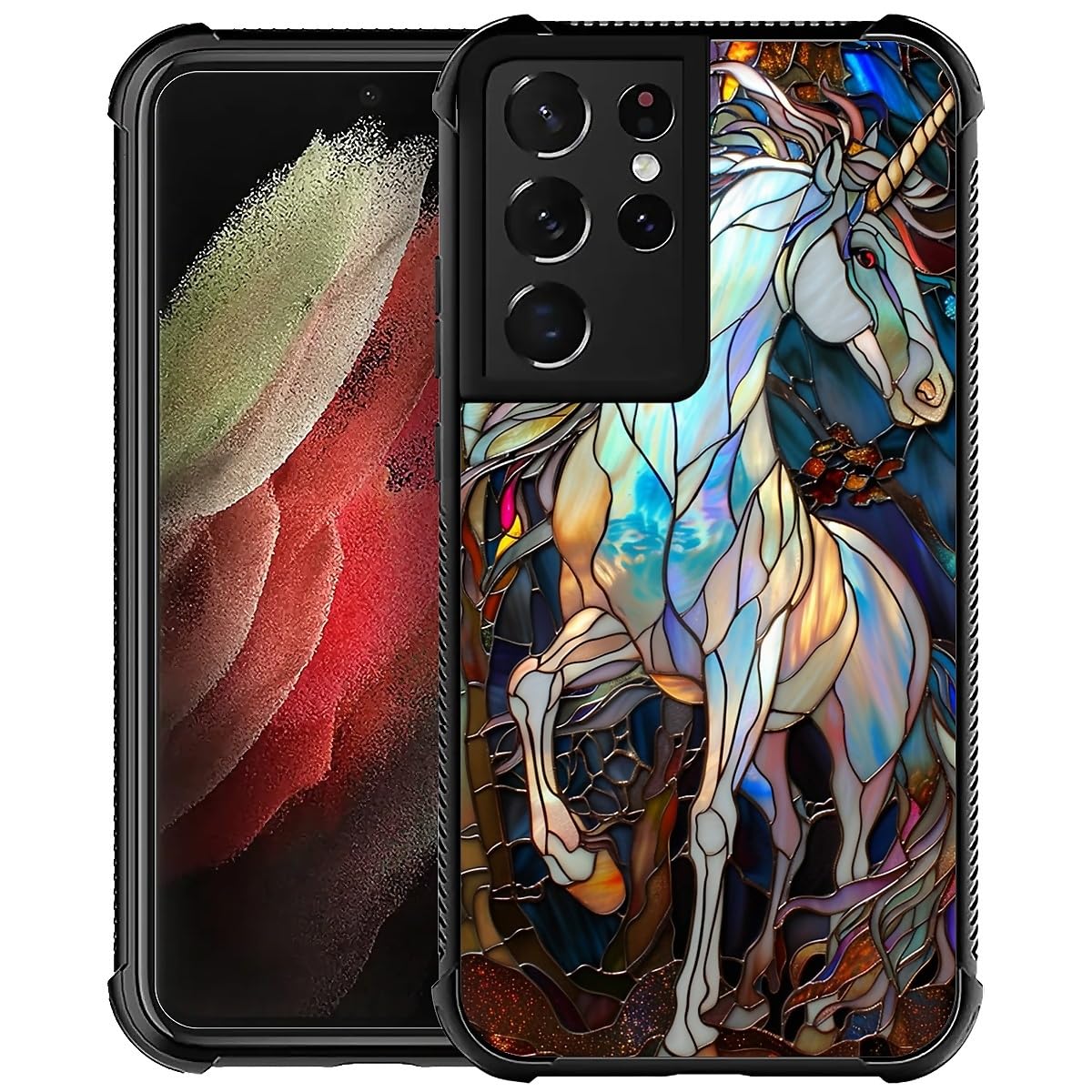 CARLOCA Compatible with Samsung Galaxy S21 Ultra Case Design for Girl Shockproof Anti-Scratch Hard PC Back Case Esthetics Fashion Pattern White Unicorn Colorful Stained Glass