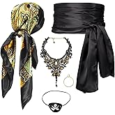 Women Pirate Costume Accessories Set|Headscarf Wrap Hat Sash Belt Cosplay Outfit With Stainless Steel Earring Necklace