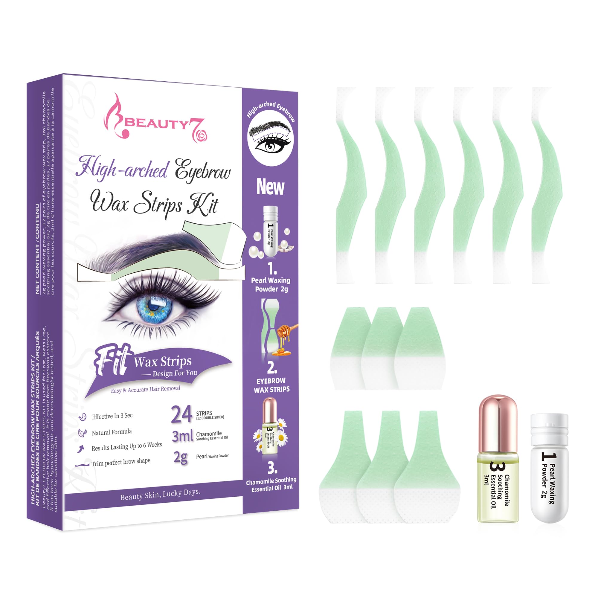 Beauty7 Eyebrow Waxing Strips, High-arched Form Eyebrow Strips Pre-cut for Face, Quick Hair Removal Facial with 24 Waxing Strips + 3ml Soothing Oil After Wax, 2g Pearl Powder