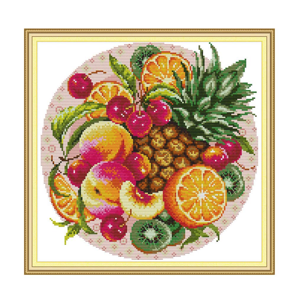 Cross Stitch Embroidery Kits for Adults Kids, WOWDECOR Fruit Plate Peach Pineapple 11CT Stamped DIY DMC Needlework Easy Beginners
