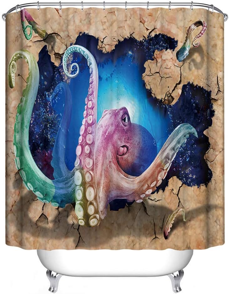 JMAHM Ocean Shower Curtain Waterproof Mildewproof Polyester Fabric Shower Curtain Set Bath Accessories (180x180, Colorful-Squid)