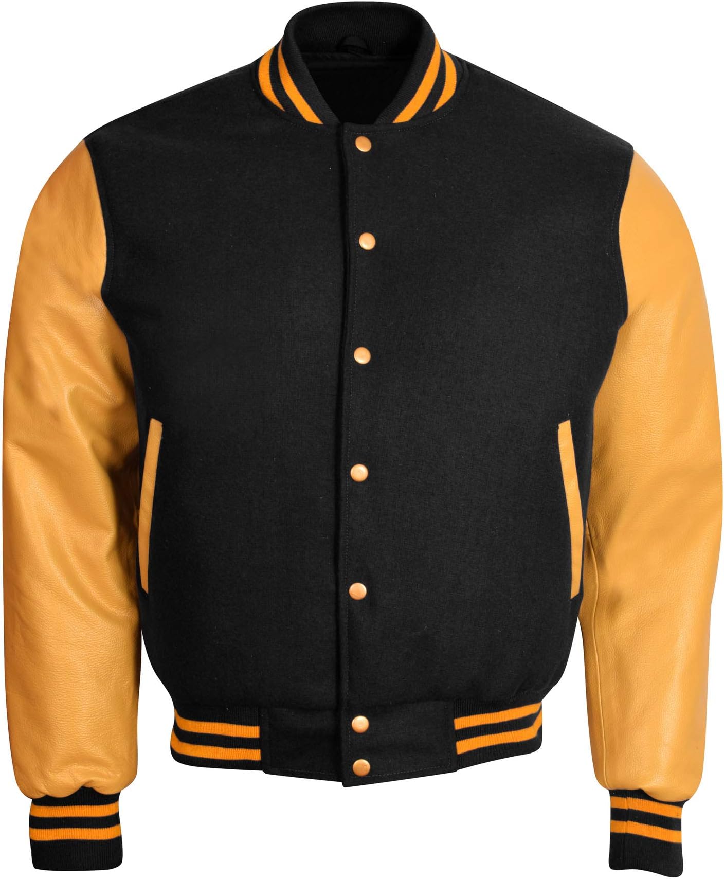 Varsity Letterman Baseball Bomber Retro Vintage Jacket Black Wool Gold Genuine Leather Sleeves