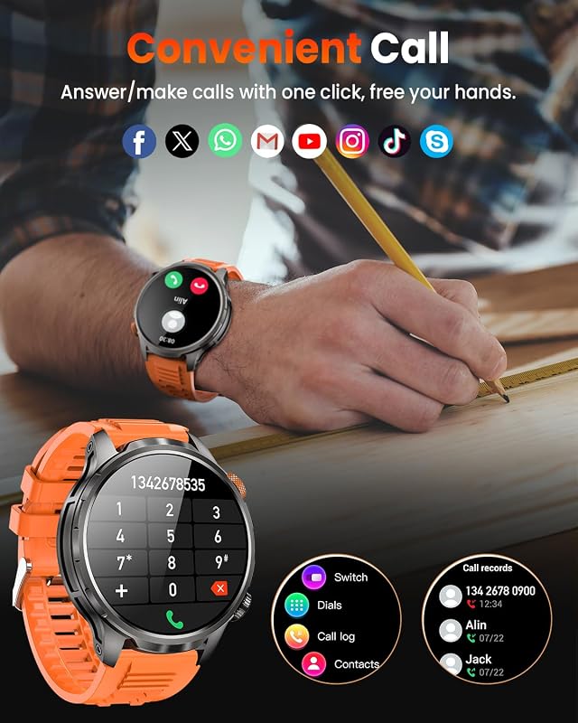 Smartwatch Herren Militär mit 1000mAh und LED Taschenlampen (Orange) — Foto 7 von 8