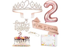 AWFRKY 2nd Birthday Decorations for Baby Girls, Including 2 year old Birthday Cake Topper, Birthday Queen Sash with Pearl Pin, Sweet Rhinestone Tiara Crown, Number Candles and Balloons Set, Rose Gold