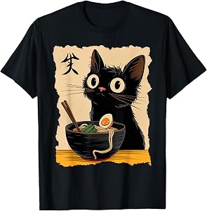 Black Cat eating Ramen Japanese Kawaii Anime Cat Ramen T-Shirt