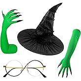 SUNOVELTIES Halloween Witch Costume Set Green Claw Gloves Black Witches Hat & Glasses Wicked Movie Cosplay Party Accessories