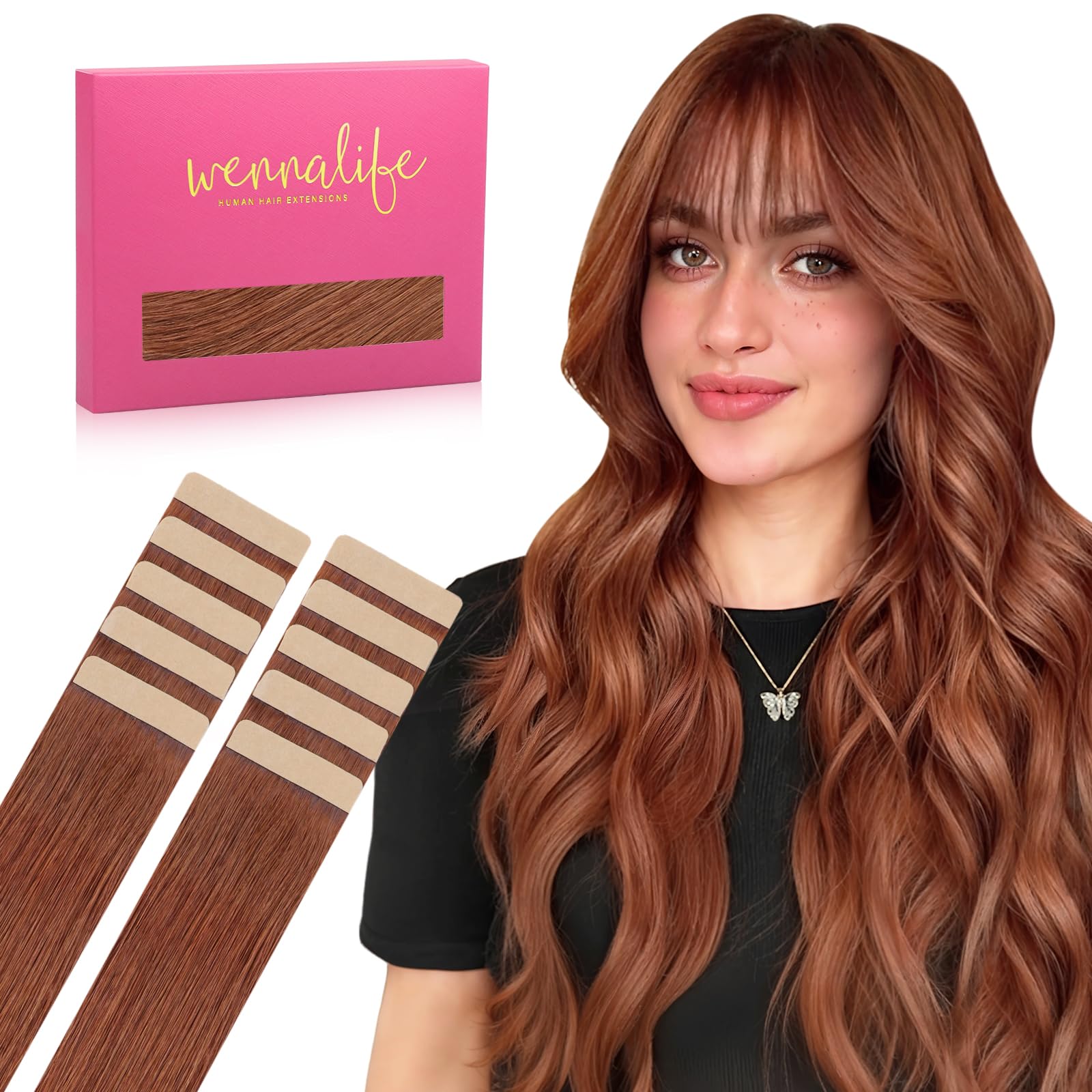 WENNALIFE Tape in Hair Extensions Human Hair, 22inch 10pcs 30 Dark Auburn Copper Real Human Hair Tape Extensions