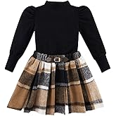 Patgoal Toddler Girl Outfits Puff Sleeve Ribbed Shirt Knitted Tops Pleated Plaid Skirt Set with Hat 3Pcs Fall Winter Clothes