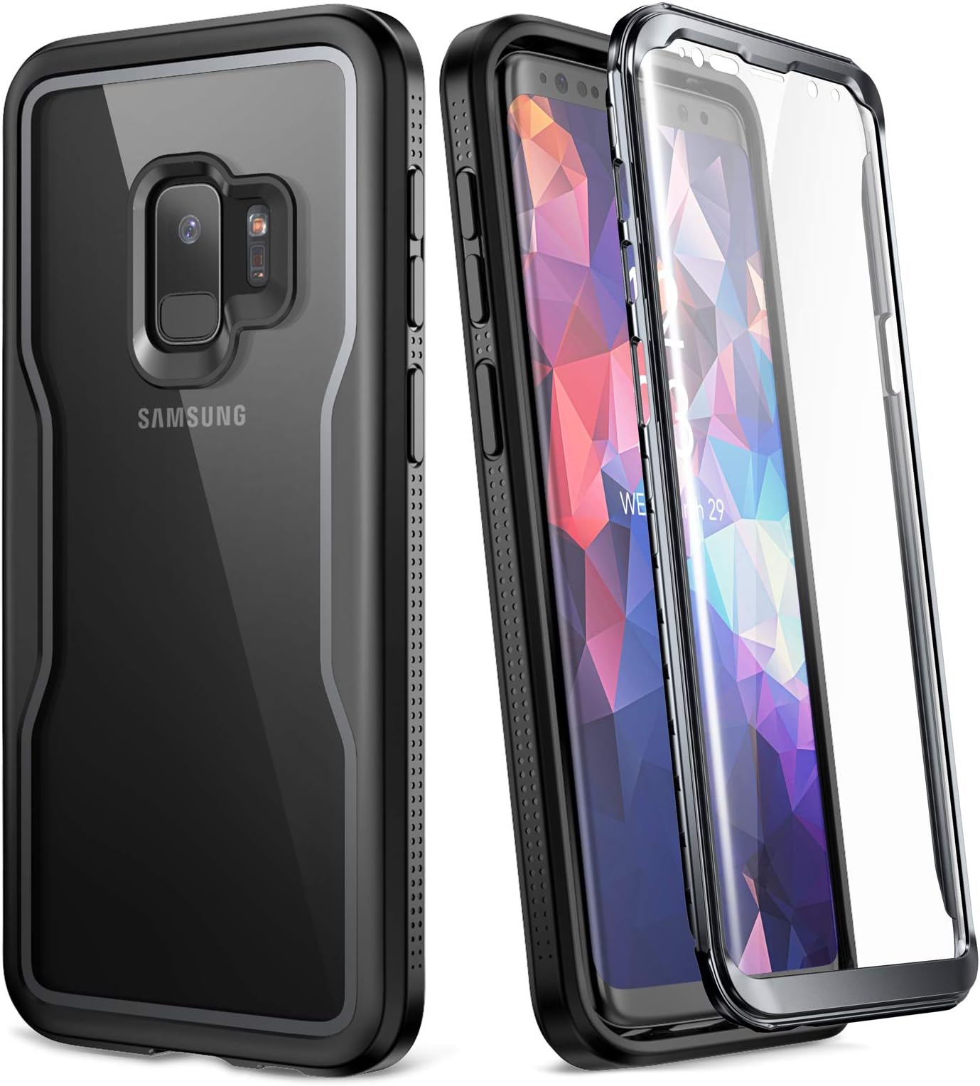 YOUMAKER Galaxy S9 Case, with Built-in Screen Protector and Clear back, Heavy Duty Protection Shockproof Cover for Samsung Galaxy S9 Case 5.8 inch-Clear/Black