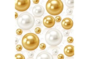 Cusmation 250 PCS Cream Gold Floating Beads No Hole Pearl for Vases, 8/14/18mm Floating Beads for Centerpiece, 2400 PCS Clear Water Gel, DIY Home Birthday Weddings Party Decor