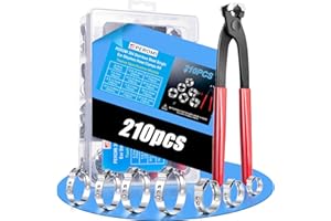 PEROMI 210PCS 304 Stainless Steel Single Ear Hose Clamp Assortment Kit - 12 Sizes (6-36.1mm) Stepless Adjustable Cinch Clamps with Pincer Tool for Automotive, Plumbing, Garden & Industrial Use