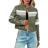 Tankaneo Womens Cropped Moto Biker Jackets Faux Leather Bomber Jacket Color Block Vintage Racing Coats