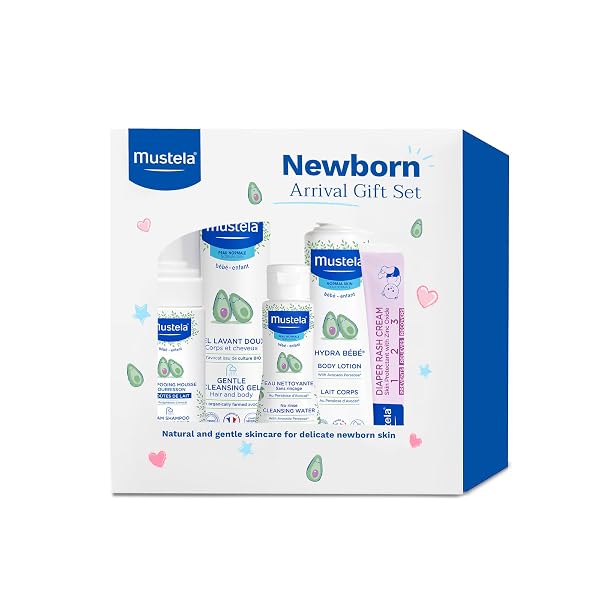 MUSTELA NEWBORN ARRIVAL GIFT SET – BABY SKINCARE & BATH TIME ESSENTIALS – NATURAL & PLANT BASED – 5 ITEMS SET