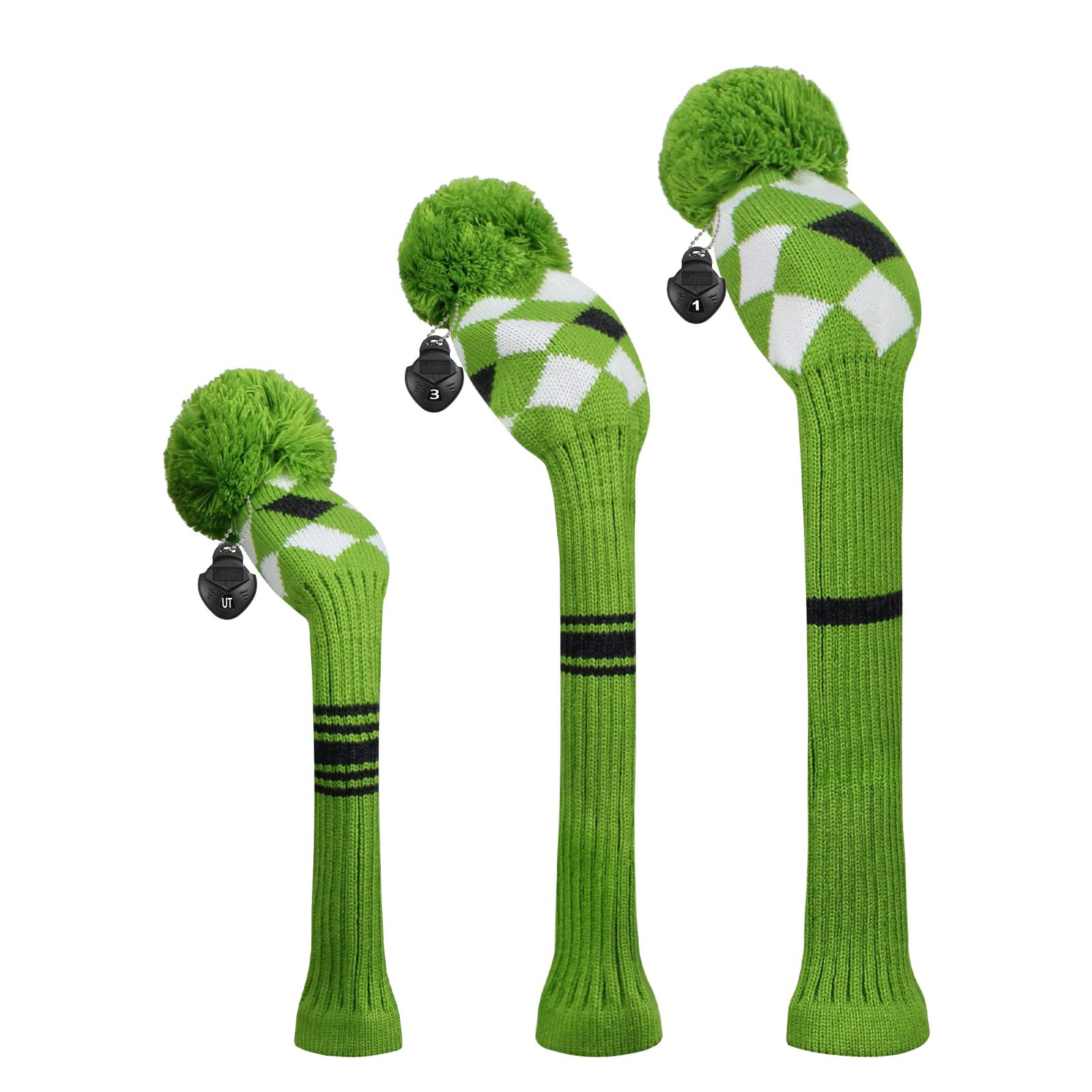 Scott Edward Knitted Golf Club Head Covers for Woods 3Pcs Set Golf Driver (460CC) Fairways and Hybrid/UT with Rotating Number Tags(Green Grey White Argyle)