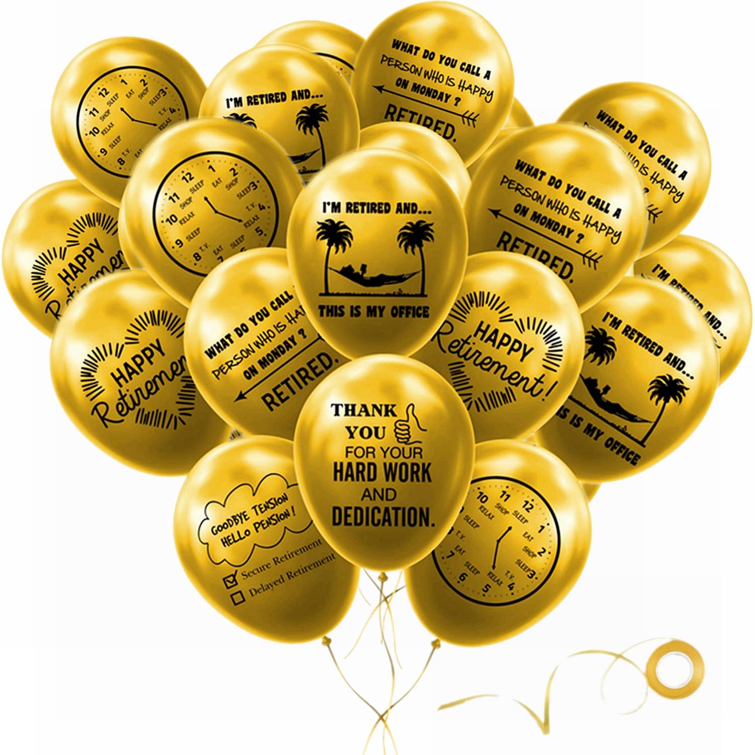 12" Pack of 30 Gold FunRetirement Latex Balloons for Men & Women, Happy Retirement Party Supplies and Decorations