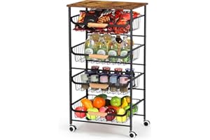 HEOMU 5 Tier Rolling Kitchen Storage Cart, Metal Microwave Stand Kitchen Island Cart on Wheels with Storage for Kitchen, Bathroom, Living Room, Bar, Office, Rustic Brown