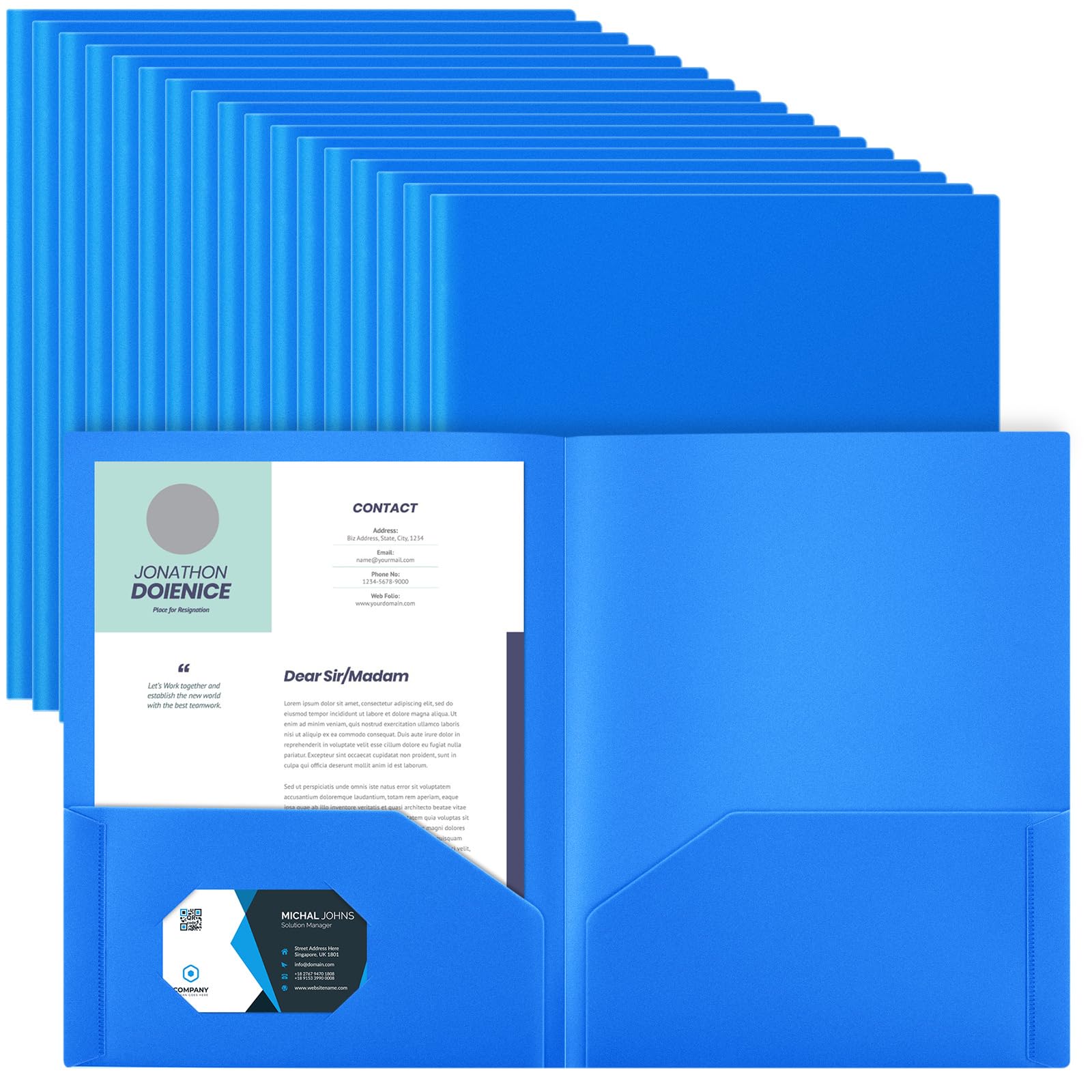 Photo 1 of Gueevin 50 Pcs Plastic Folders with Pockets, Back to School Two Pocket Folder Fit Letter Size, Heavy Duty School Business Card Holder for Home Office, 11. 61 x 9. 45 Inches (Blue)