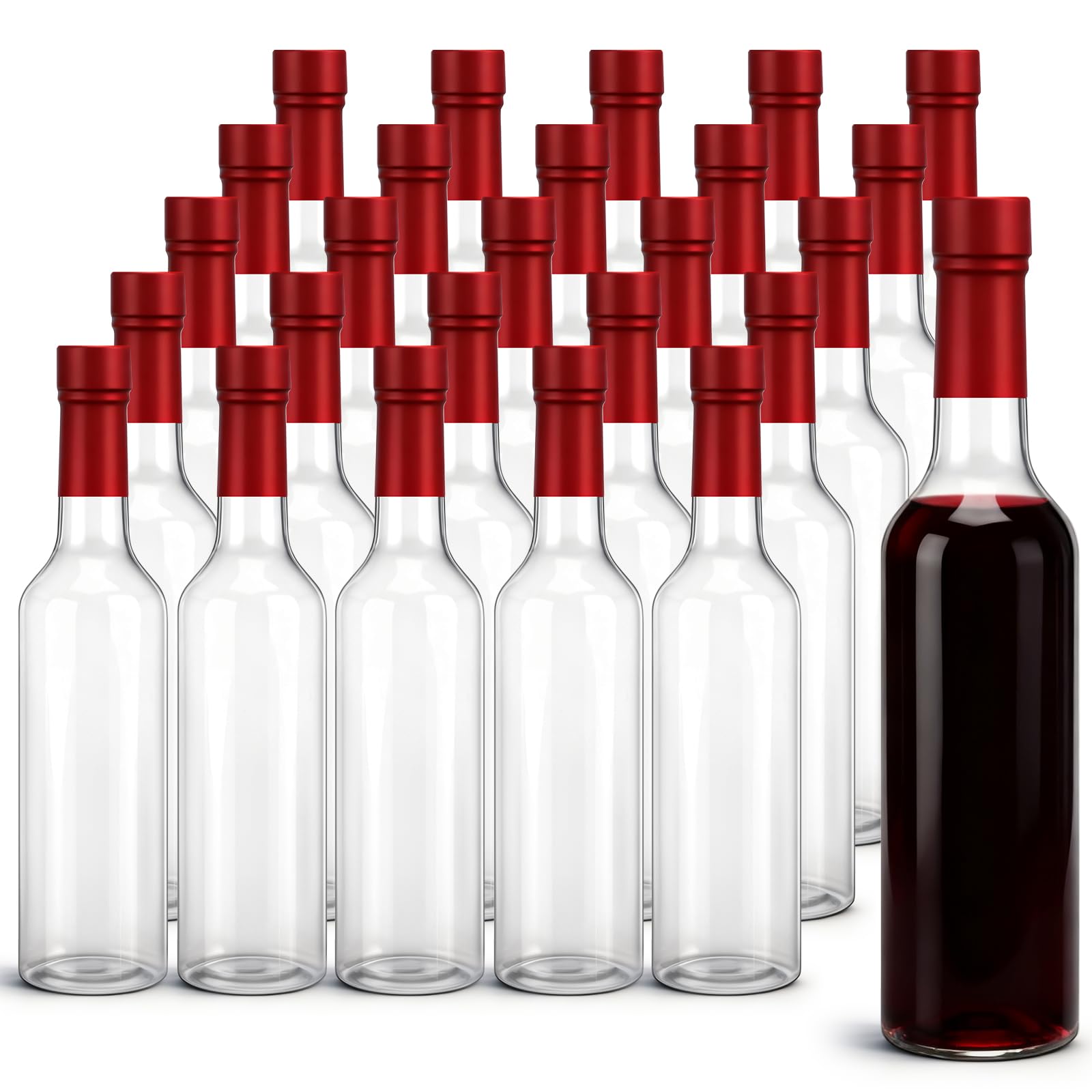 Photo 1 of Potchen 25Pcs 500ml Plastic Wine Bottles with Screw Lid and Shrink Capsules Caps Seals, Empty Clear Long Neck Bottles for Christmas Homemade Drinks Gift Coquito Vanilla Extract Limoncello (Red)